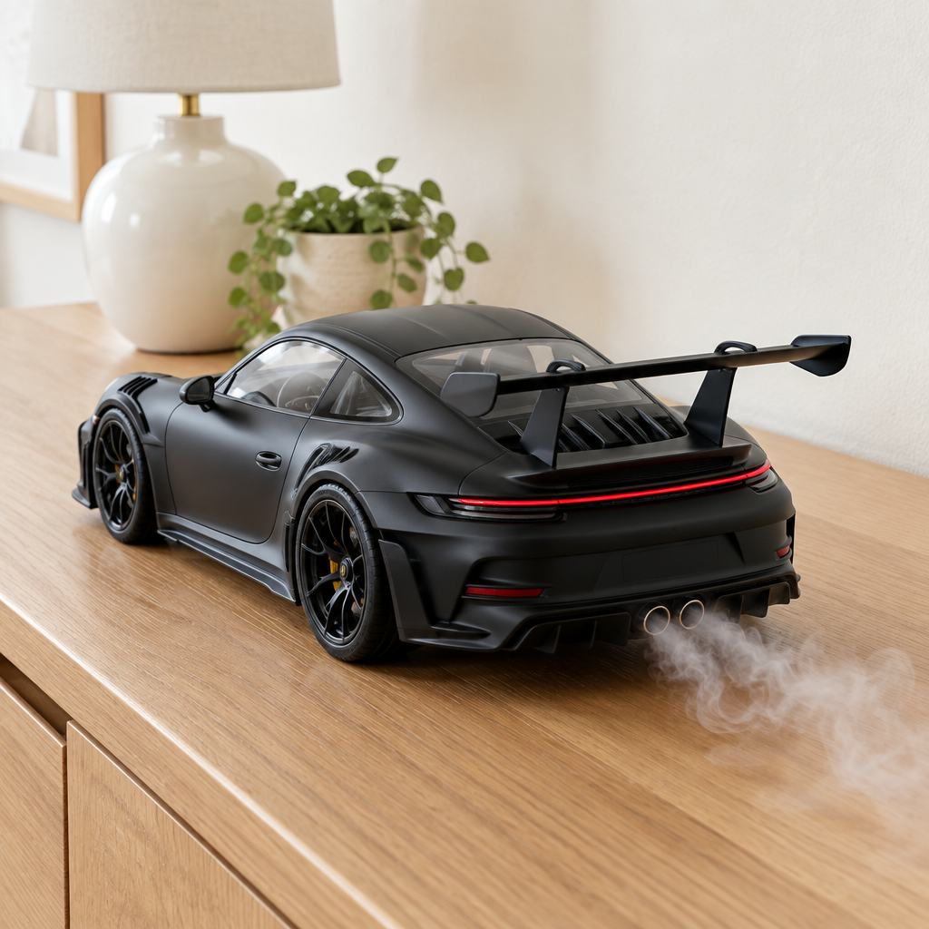 Nightshade RS matte black track car aroma diffuser on an oak sideboard with scented vapour from the exhausts